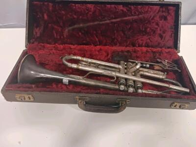 Vintage Bb Silver Trumpet with Hard Case and Lyre Attachment, Needs Restoration
