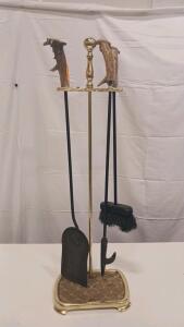 Vintage Fireplace Tool Set with Antler Handles, Iron Tools, Brass Stand, 3 Pc, ca. 1950s-70s