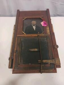 Antique 19th Century 8x10 Wooden Wet Plate Holder with Brass Hardware & Mounted Tintype Portrait