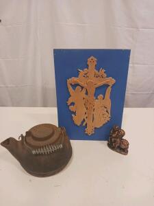 Vintage CENTURY Metal Kettle, Religious Crucifixion Wood Plaque, Jamaica Donkey Figurine