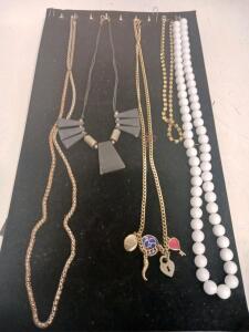 Lot of 5 Assorted Fashion Necklaces: Geometric Pendant, Gold Flat Chain, White Beads, Charms, Rhinestones