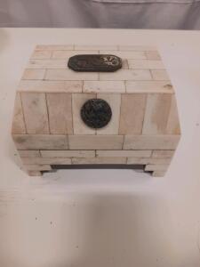 Vintage Bone-Inlay Trinket Box with Ornate Metal Plaques, Wood Interior, 4.5"x3"x2.5"
