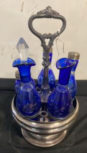Victorian Silver-Plated Cruet Set with Cobalt Blue Glass Bottles, Circa 1870, England