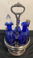 Victorian Silver-Plated Cruet Set with Cobalt Blue Glass Bottles, Circa 1870, England