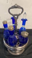 Victorian Silver-Plated Cruet Set with Cobalt Blue Glass Bottles, Circa 1870, England - 3