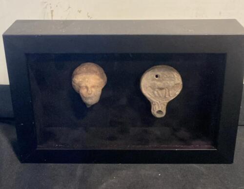 Ancient Roman Terracotta Oil Lamp and Greco-Roman Terracotta Head (Fragments) in Display Case