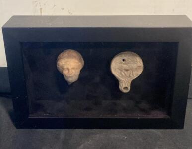 Ancient Roman Terracotta Oil Lamp and Greco-Roman Terracotta Head (Fragments) in Display Case