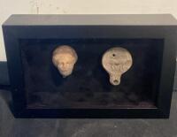 Ancient Roman Terracotta Oil Lamp and Greco-Roman Terracotta Head (Fragments) in Display Case