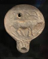 Ancient Roman Terracotta Oil Lamp and Greco-Roman Terracotta Head (Fragments) in Display Case - 2