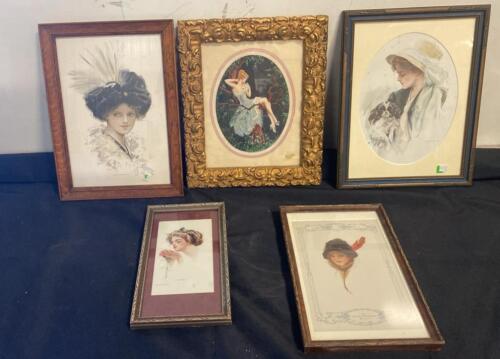 Harrison Fisher Framed Lithographs: "The Rose" & "The Girl with the Red Feather"
