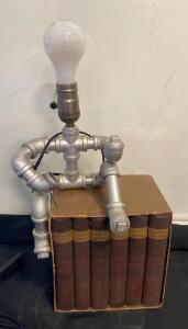 Steampunk Pipe Humanoid Table Lamp with Vintage Eliot&rsquo;s Works Book Set by Colonial Press ( Working )
