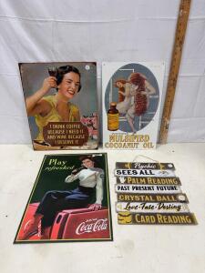 Vintage-Style Metal Advertising Signs &ndash; Coca-Cola, Watkins, Coffee/Wine, Psychic Themes