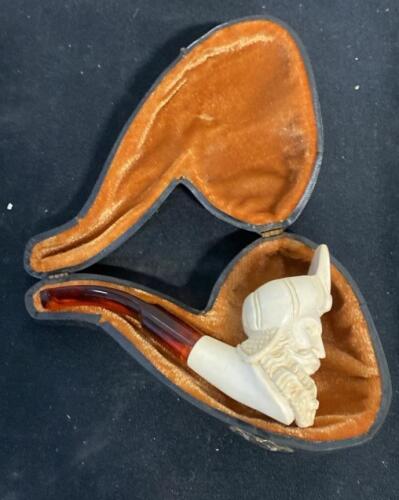Hand-Carved Meerschaum Pipe with Bearded Warrior Head & Amber Acrylic Stem, Velvet Case Included