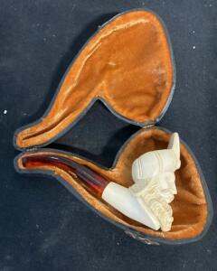 Hand-Carved Meerschaum Pipe with Bearded Warrior Head & Amber Acrylic Stem, Velvet Case Included