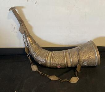 Engraved Brass Ceremonial Powder/Signal Horn c.1900s, Floral Design, Chain, 24in Length