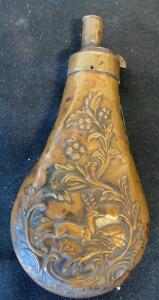 Antique Brass Powder Flask with Embossed Deer Motif, Early 19th Century, 8" Length