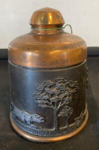 Vintage Copper Embossed Canister with Lid - Forest and Wild Boar Scene, c. 1950s-70s, 6"x5"