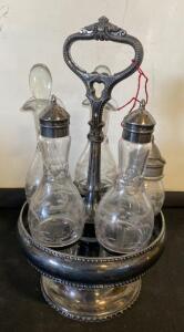 Antique Silverplate & Etched Glass Cruet Set with 5 Bottles, Ornate Handle, ca. 1880-1920