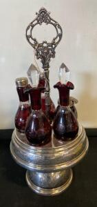 Victorian Silverplate Castor Set with 5 Ruby Cut Glass Bottles Ornate Handle Revolving Stand