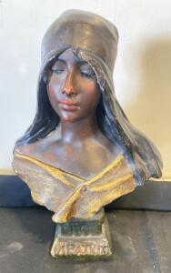 Vintage Art Deco Chalkware Bust "Beatrix" &ndash; 14" Tall, Dark Brown & Gold