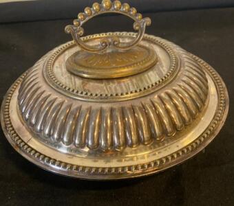 Antique English Silver-Plated Covered Serving Dish with Fluted Design and Ornate Finial