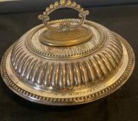 Antique English Silver-Plated Covered Serving Dish with Fluted Design and Ornate Finial