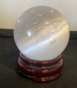 Polished Selenite Crystal Sphere 4" Diameter with Wooden Stand, Semi-Translucent, Chatoyant