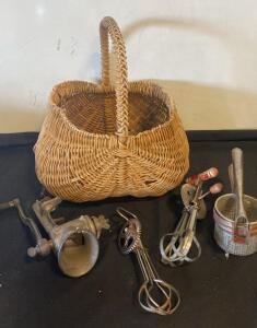 Universal No. 2 Meat Grinder with Vintage Hand Egg Beaters, Rotary Grater, and Wicker Basket
