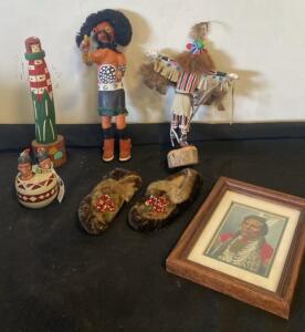 Native American-Inspired Collectibles Lot: Kachina Dolls, Moccasins, Pottery, and Art