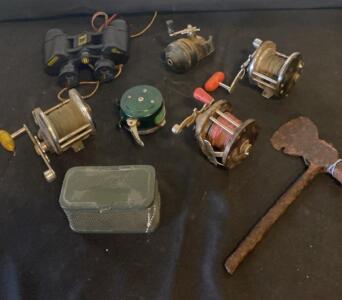 Vintage Fishing Gear Lot: 4 Reels, Binoculars, Multi-Tool, and Accessories