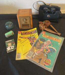 Vintage Collectibles Lot: Bushnell Binoculars, DC Warlord Comics, Toys, Glass Float, Cards