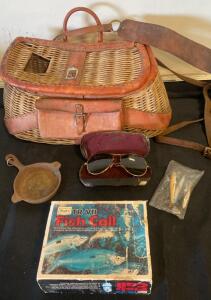 Sears TR-VII Fish Call with Original Box, Vintage Fishing Creel, Aviator Sunglasses, and Accessories