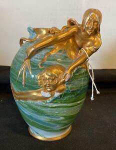 Marmor Art Nouveau Vase, Czechoslovakia, Circa 1920s, Porcelain with Gilt Figures