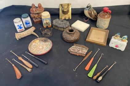Vintage Button Hooks, Delft Salt Shakers, Brass Pig Hook, Blue Valley Jug & Decor Lot