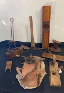 Antique Hand Tools Collection &ndash; Wood Planes, Cobbler's Last, Slicer, Hand-Crank Leather Tool