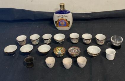 Vintage Japanese Sake Cups & Mixed Shot Glasses Lot w/ British Navy Pusser's Rum Collectible Bottle