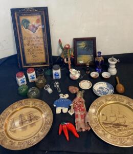 Large Vintage Collectibles Lot: Ship Plates, Framed Art, Salt Jars, Dolls, Glass Floats