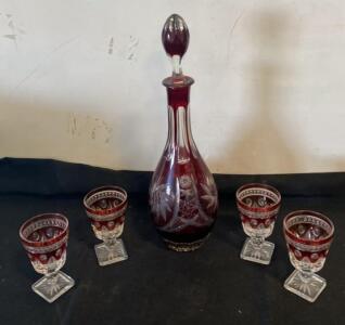 Egermann Bohemian Ruby Red Cut-to-Clear Crystal Decanter Set with 4 Glasses