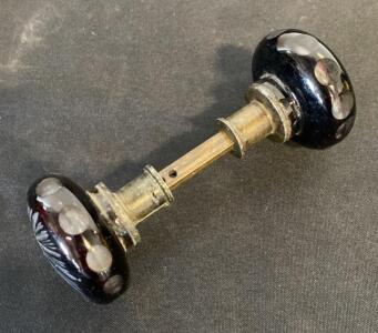 Antique Cut Glass Door Knob Set, Deep Amethyst Starburst Pattern, Brass Spindle, 1880s-1930s