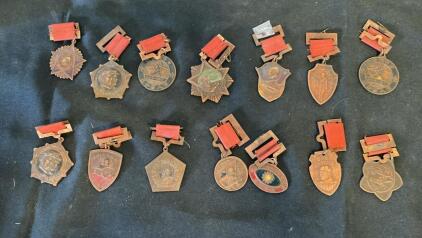 Set of 13 Vintage Chinese Mao Era Commemorative Medals &ndash; Red Ribbon, Enamel, Bronze Alloy