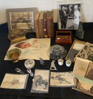 Antique Collectibles Lot: Leather-Bound Books, Western Rodeo Photos, Brass Inkwell, Ephemera