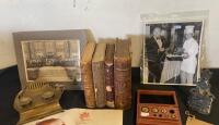 Antique Collectibles Lot: Leather-Bound Books, Western Rodeo Photos, Brass Inkwell, Ephemera - 3