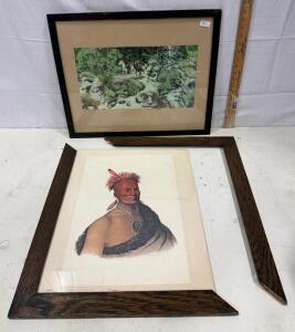Framed Native American Portrait and Western Landscape Prints with Damaged Frames