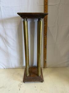 Vintage Brass & Wood Pedestal Stand &ndash; 25.5" Tall, Square Top Display Stand, Mid-Century Classic