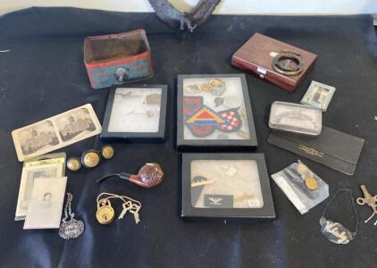 Antique & Vintage Memorabilia Lot &ndash; Fraternal, Military Patches, Badges, Klan Card, Coins, Pipe