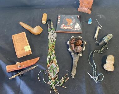 Mixed Lot Vintage North American Collectibles: Carved Pipe, Knife, Beaded Sash, Rattle, Bust, Art Tile