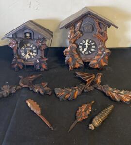 Vintage M-KEN Mechanical Cuckoo Clocks with Hand-Carved Leaves and Birds