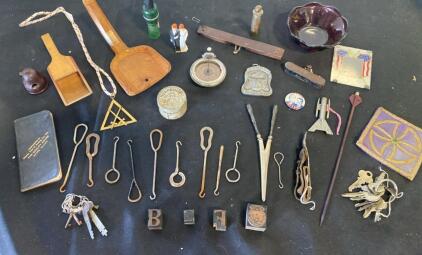 Vintage & Antique Collectibles Lot: Nokorode Tin, Campaign Pin, Keys, Scoops, Hooks, Ephemera