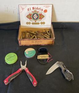 Mixed Lot: .22 LR Ammunition, Multi-Tool, Folding Knife, and Small Accessories