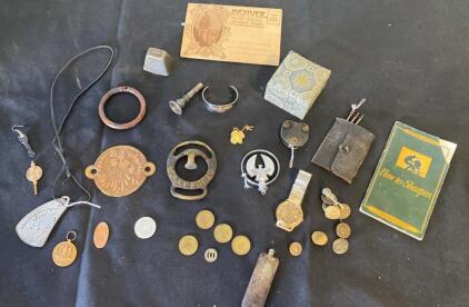 Large Vintage Collectible Lot &ndash; Medals, Coins, Watch, Booklet, Studebaker, Masonic Items